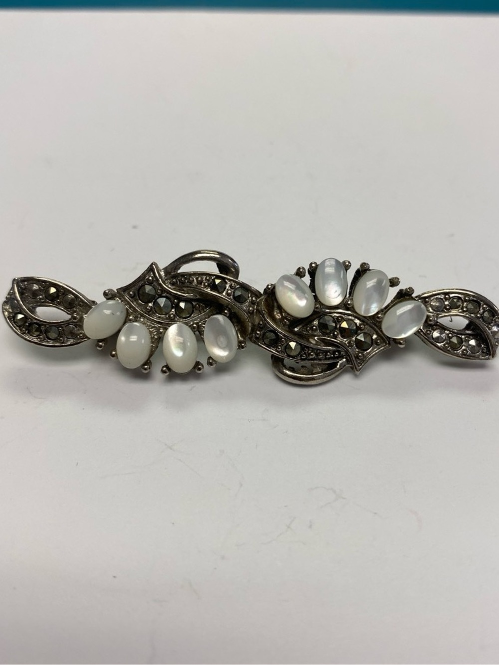 Vintage-Inspired White Cabochon & Marcasite Bar Brooch
